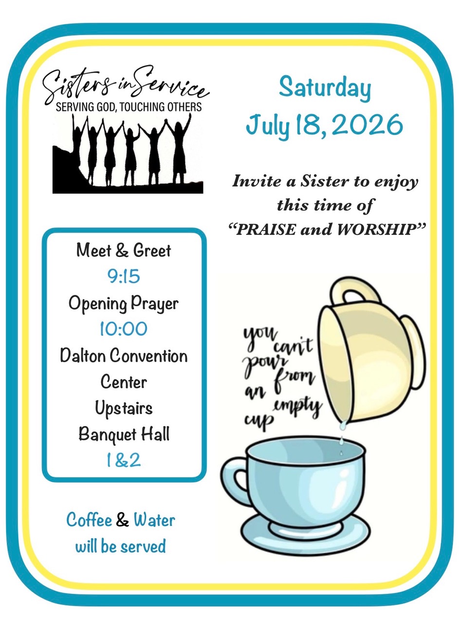 Sisters in Service women's meeting flyer for Saturday, July 18, 2026